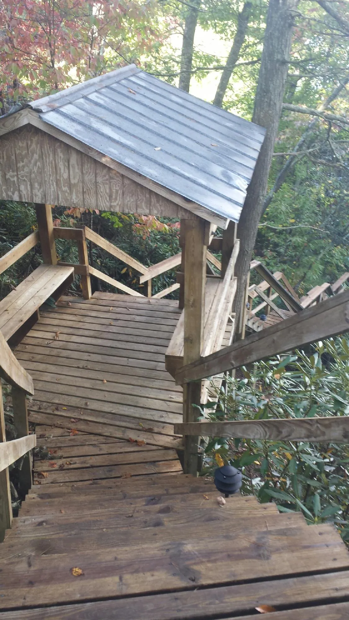 Metal roofed shelter over wooden steps on a wooded walkway — Skylight Repair & Installation work by our crew in Walhonding